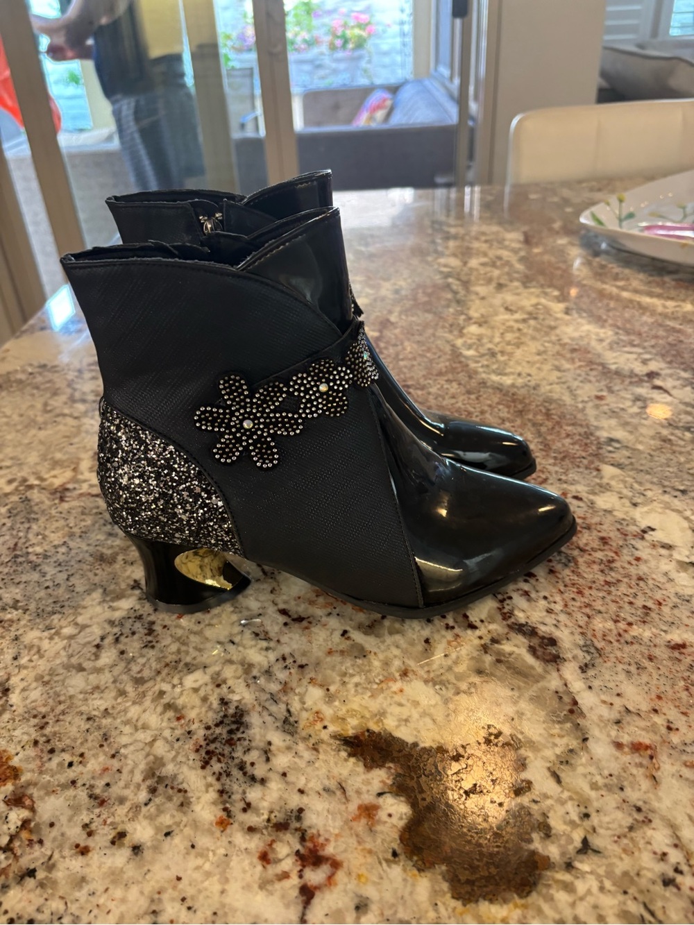 Women’s Black Ankle Boots with Decorative Rhinestone Flower